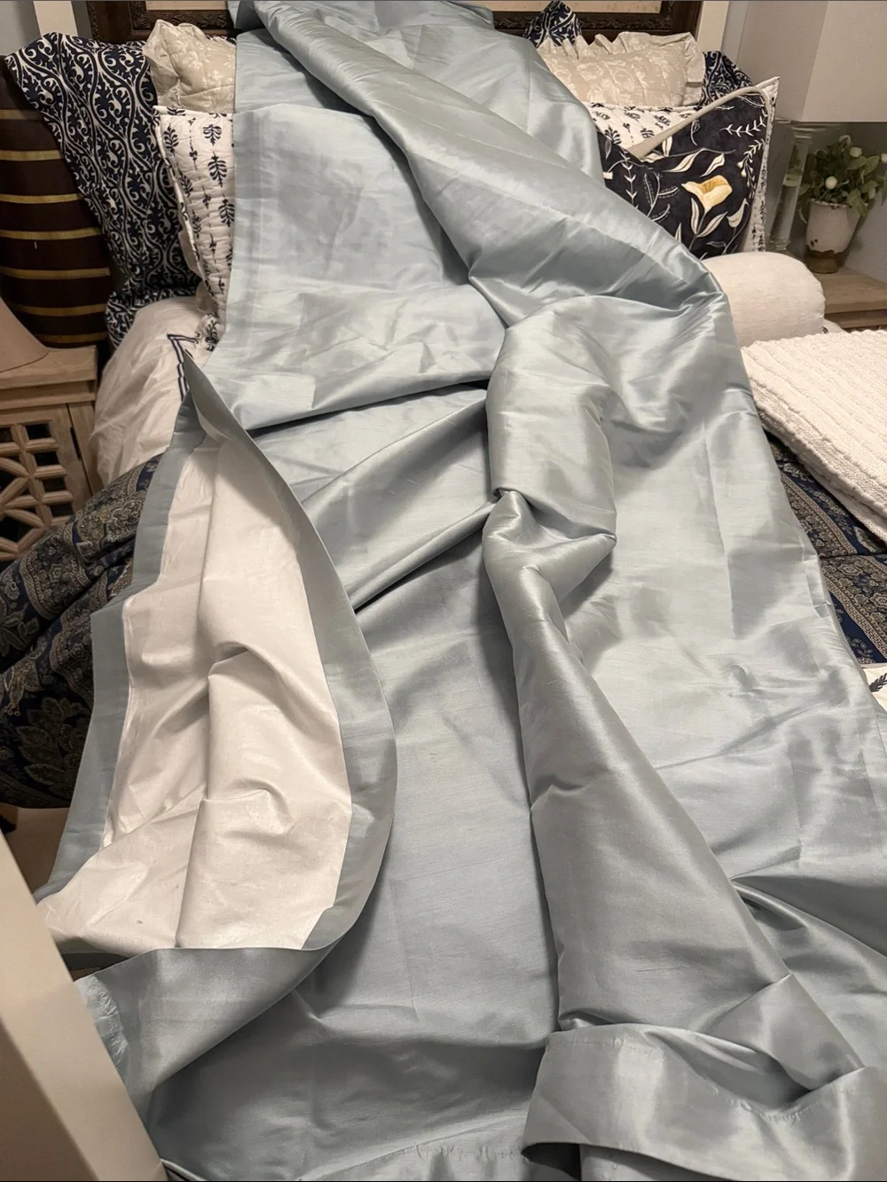 Rare Restoration Hardware silk cotton backing Silver sage drape pair 100”x 108”L
